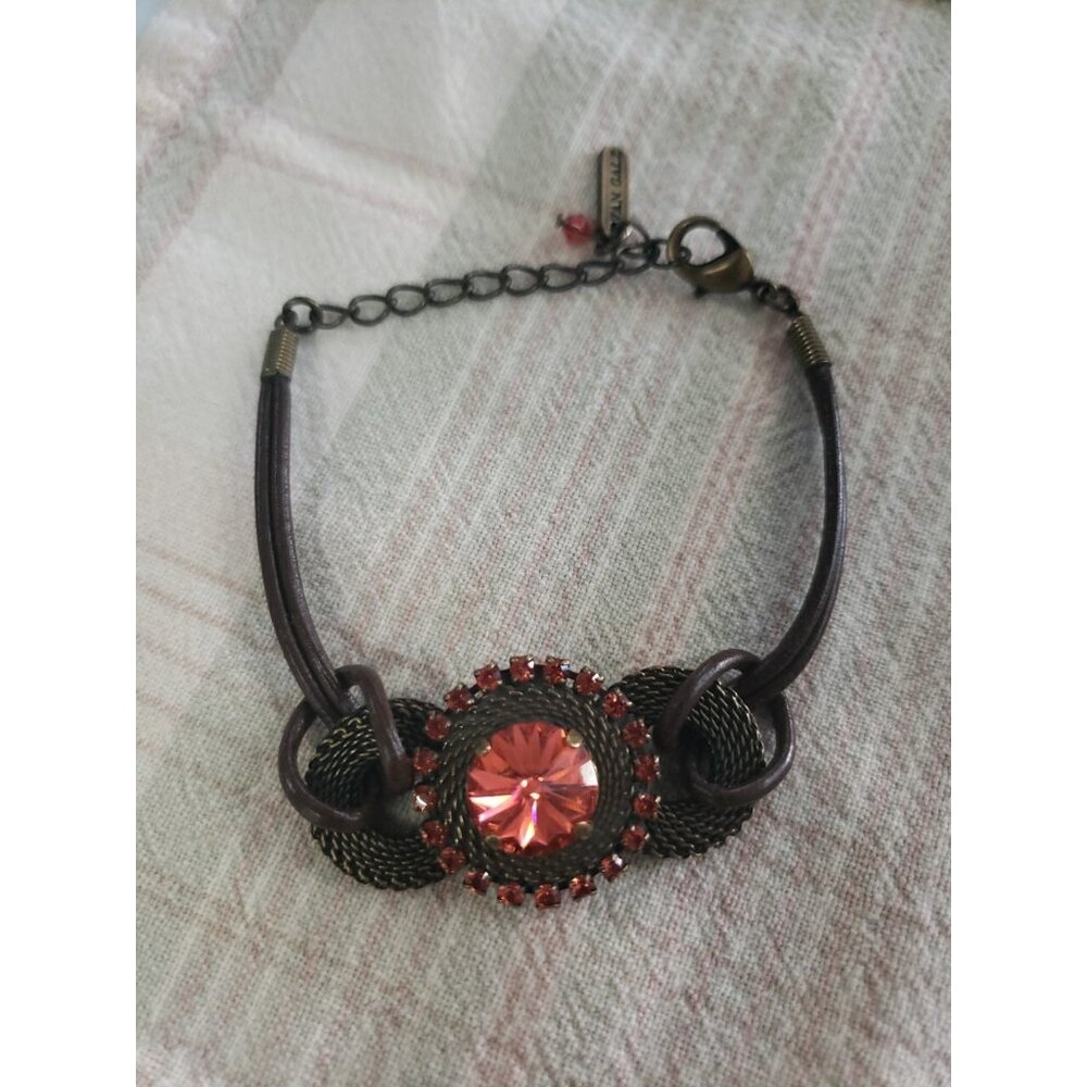 Van Galz Italy Swarovski? Crystal Woven Bronze Tone Metal Leather Bracelet 7.5"
